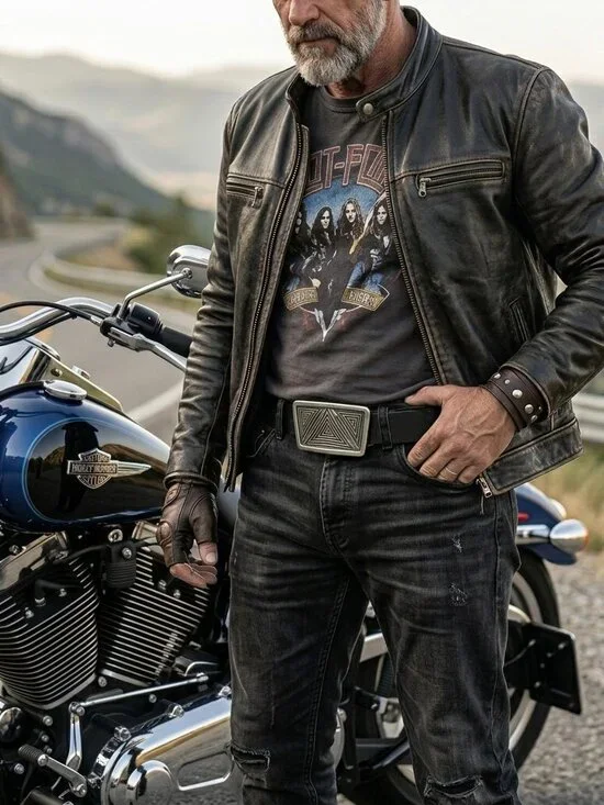 Geometric Triangle Genuine Leather Belt Antique Silver Engraved Statement Buckle - Picture 3 of 3